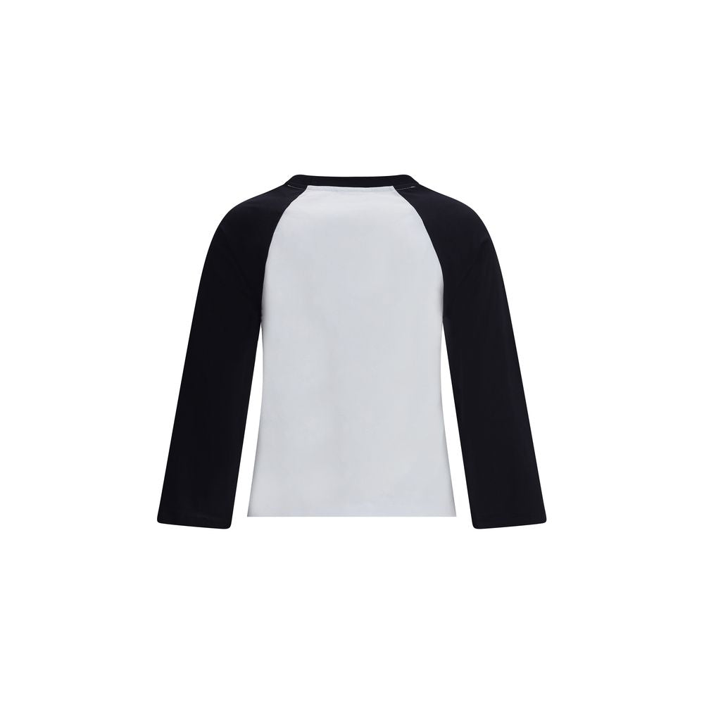 Back view of Ganni Multicolor Cotton T-Shirt with three-quarter sleeves and round neckline, featuring playful graphics and eco-friendly message.