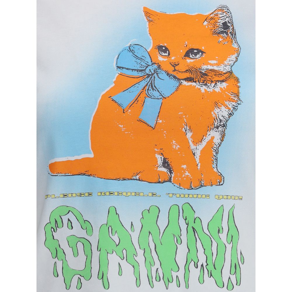 Ganni Multicolor Cotton T-Shirt featuring kitten graphic, "Have a nice day! Please recycle!" message and GANNI logo, AW25 collection.