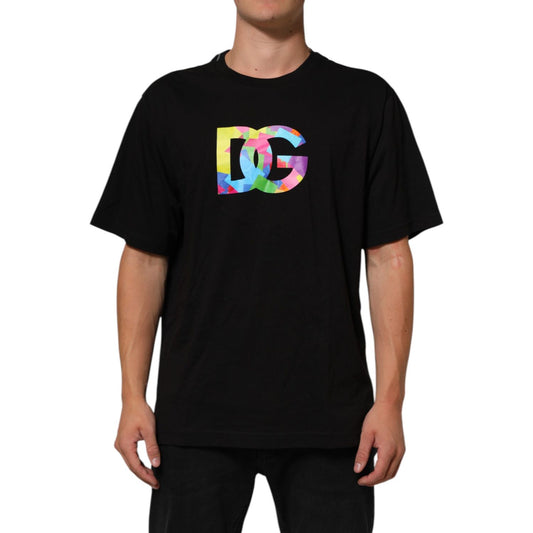 Dolce & Gabbana Black Logo Print Cotton Men Crew Neck T-shirt with colorful DG logo, featuring classic design and premium quality.