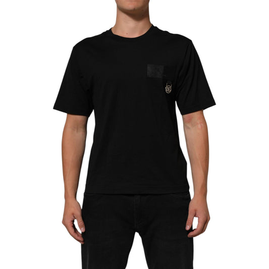 Dolce & Gabbana Black Logo Plaque Cotton Crew Neck T-shirt on model, showcasing sleek design and regular fit.