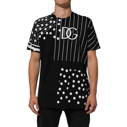 Dolce & Gabbana Black Cotton Polka Dots Round Neck T-shirt with logo, short sleeves, and modern pattern, made in Italy.