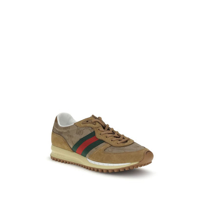 Gucci Beige Polyamide Athletic Sneakers with GG canvas, green and red Web stripe, and rubber sole featuring Interlocking GG logo.