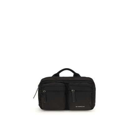Givenchy Black Polyamide Shoulder Bag with two front zip pockets and logo, ideal for urban style and functionality.