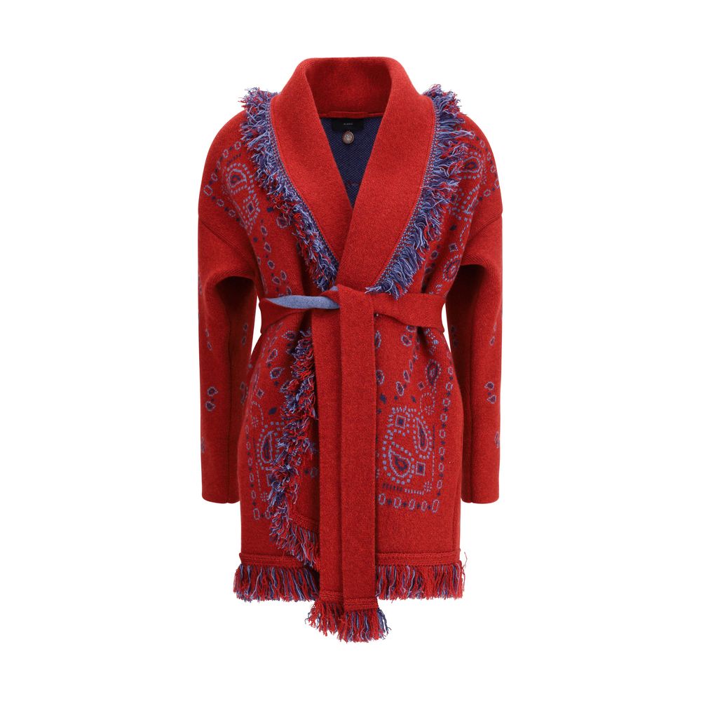 Luxurious Alanui Bordeaux Cashmere Cardigan with bandana pattern, fringed edges, and two-tone waistband, crafted in jacquard knit.