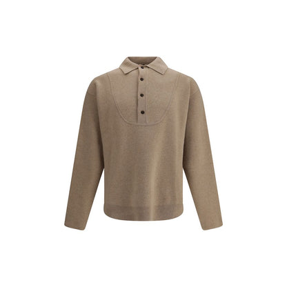 Jacquemus Beige Merino Wool Sweatshirt with pointed collar and button fastening, showcasing long sleeves and ribbed waistband and cuffs.