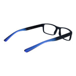 Nike Blue Men Glasses Frame, full-rim rectangular style, plastic frame, blue color, temple length 140mm, bridge width 17mm, demo lenses included.