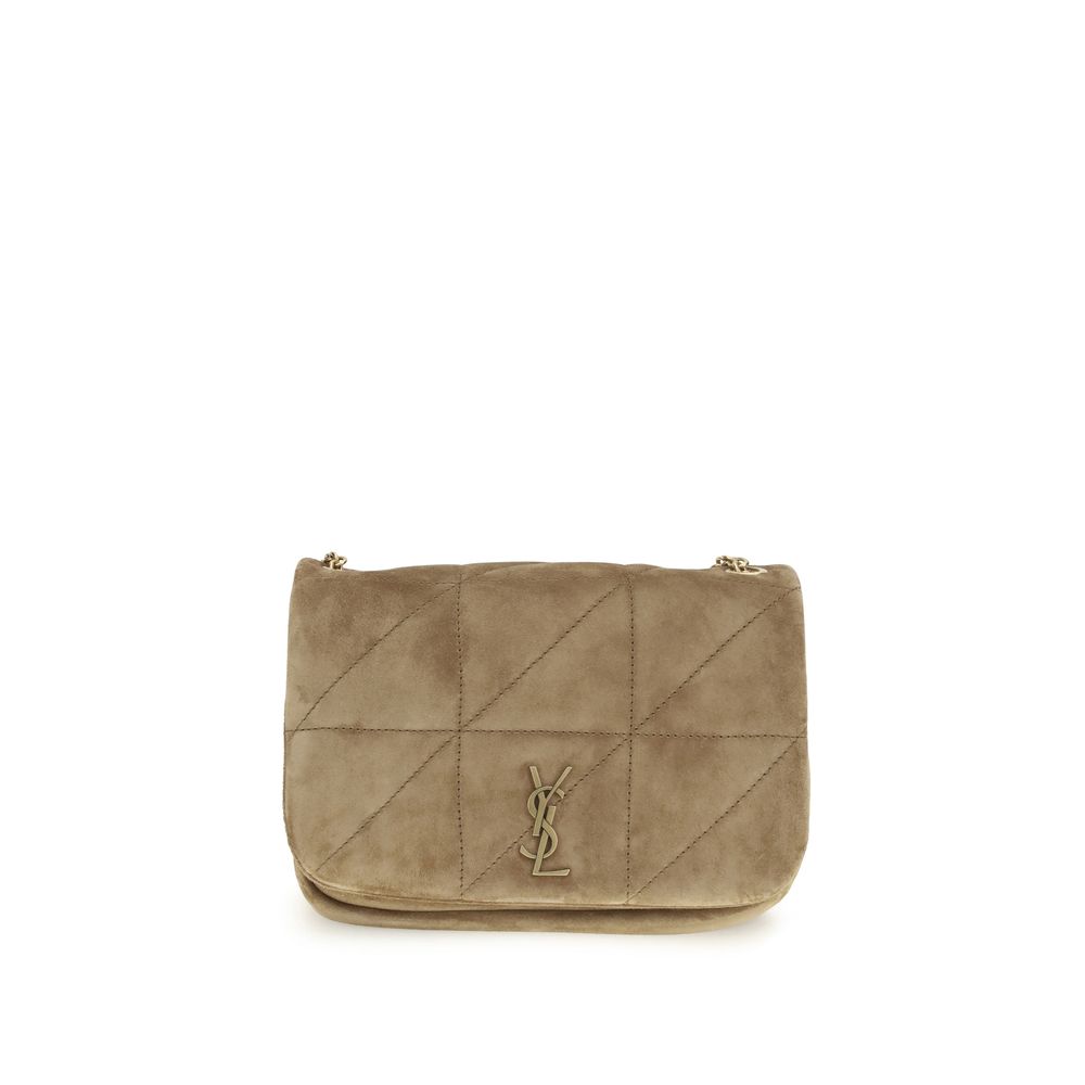 Saint Laurent Beige Calf Leather Bos Taurus Shoulder Bag with YSL logo, quilted suede design, chain strap, and flap closure.