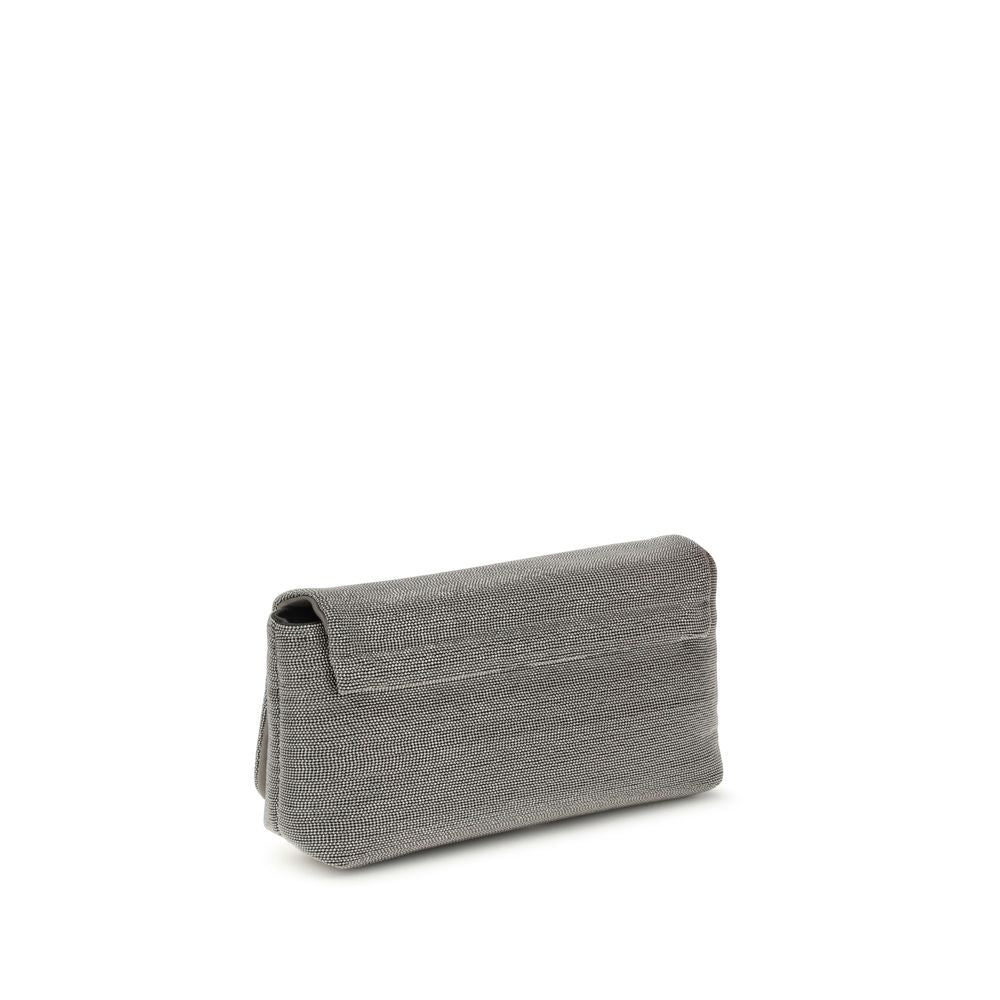 Brunello Cucinelli Gray Leather Shoulder Bag with flap closure and adjustable strap, showcasing luxury craftsmanship and versatile style.