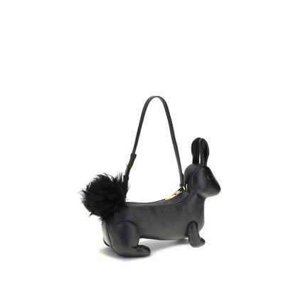 Thom Browne Black Calf Leather Bos Taurus Shoulder Bag, rabbit-shaped with fur tail, brass zipper, and striped lining.