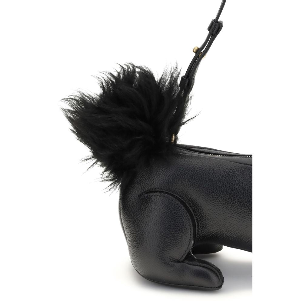 Thom Browne Black Calf Leather Bos Taurus Shoulder Bag with rabbit design and fur tail, featuring a brass zipper and adjustable strap.