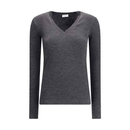 Brunello Cucinelli Gray Wool Long Sleeve T-Shirt with ribbed jersey texture and jewel-embellished V-neckline.