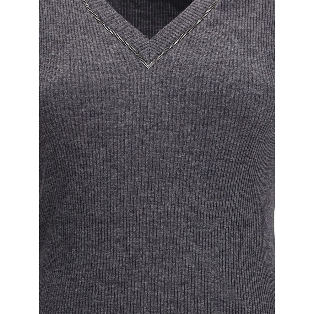 Brunello Cucinelli Gray Wool Long Sleeve T-Shirt featuring ribbed texture and jewel-embellished V-neckline for elegant style