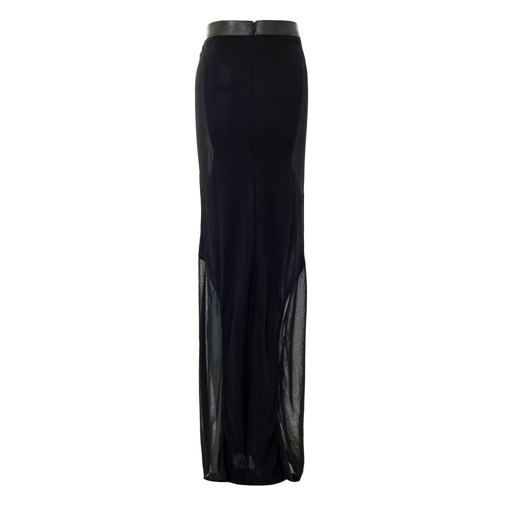 Tom Ford Black Viscose Long Skirt with leather waistband, sheer details, maxi back slit, straight fit, and back zip closure.