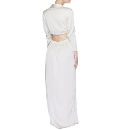 Back view of Sandro Ferrone Beige Polyester Long Dress showcasing elegant silhouette and design details.
