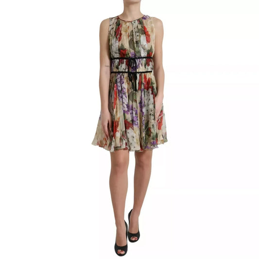 Dolce & Gabbana Beige Floral Sleeveless A-line Mini Dress displayed on a model, elegant and versatile for special occasions.
