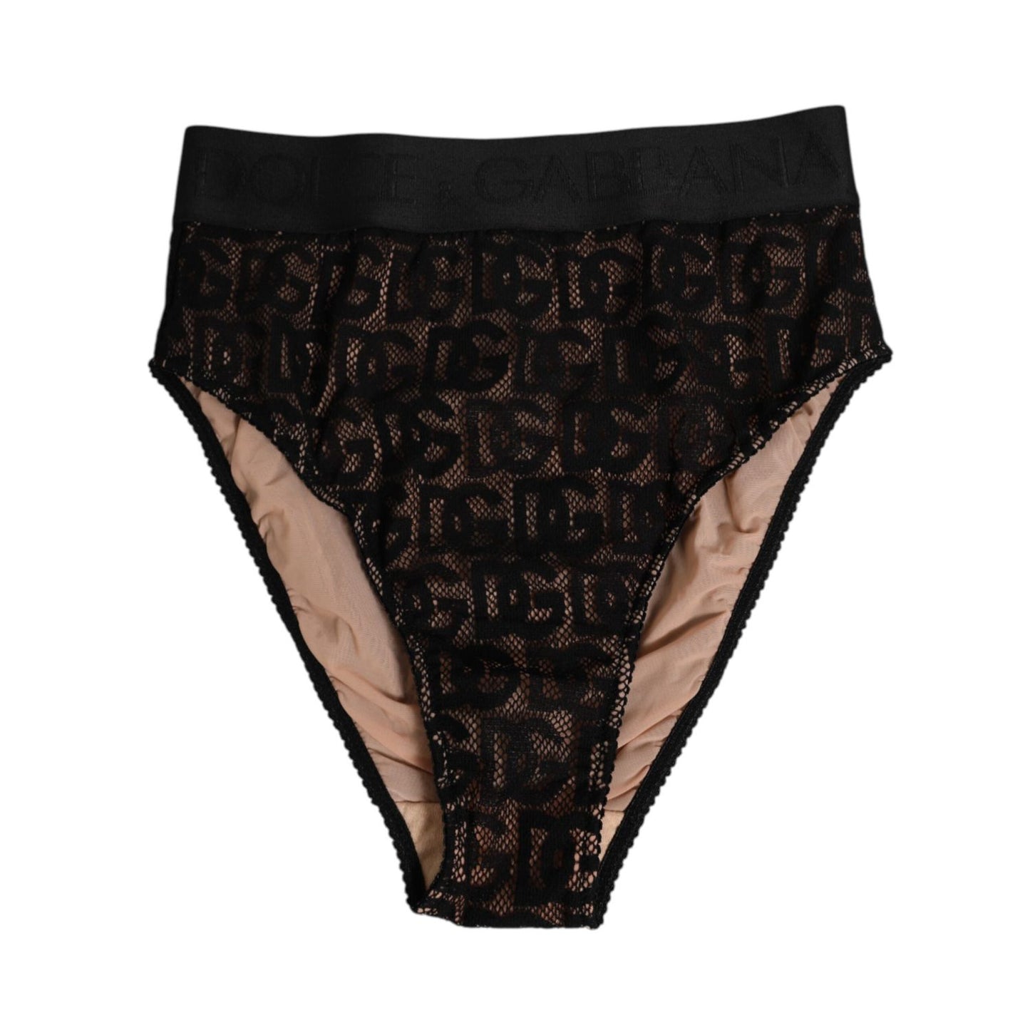 Dolce & Gabbana Black DG Logo Lace High Brief Panty Underwear featuring all-over lace and iconic logo pattern with elastic waistband.