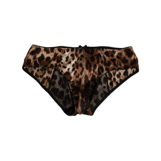 Dolce & Gabbana Brown Leopard Silk Mid Waist Panty Underwear with signature print and logo details, made in Italy.