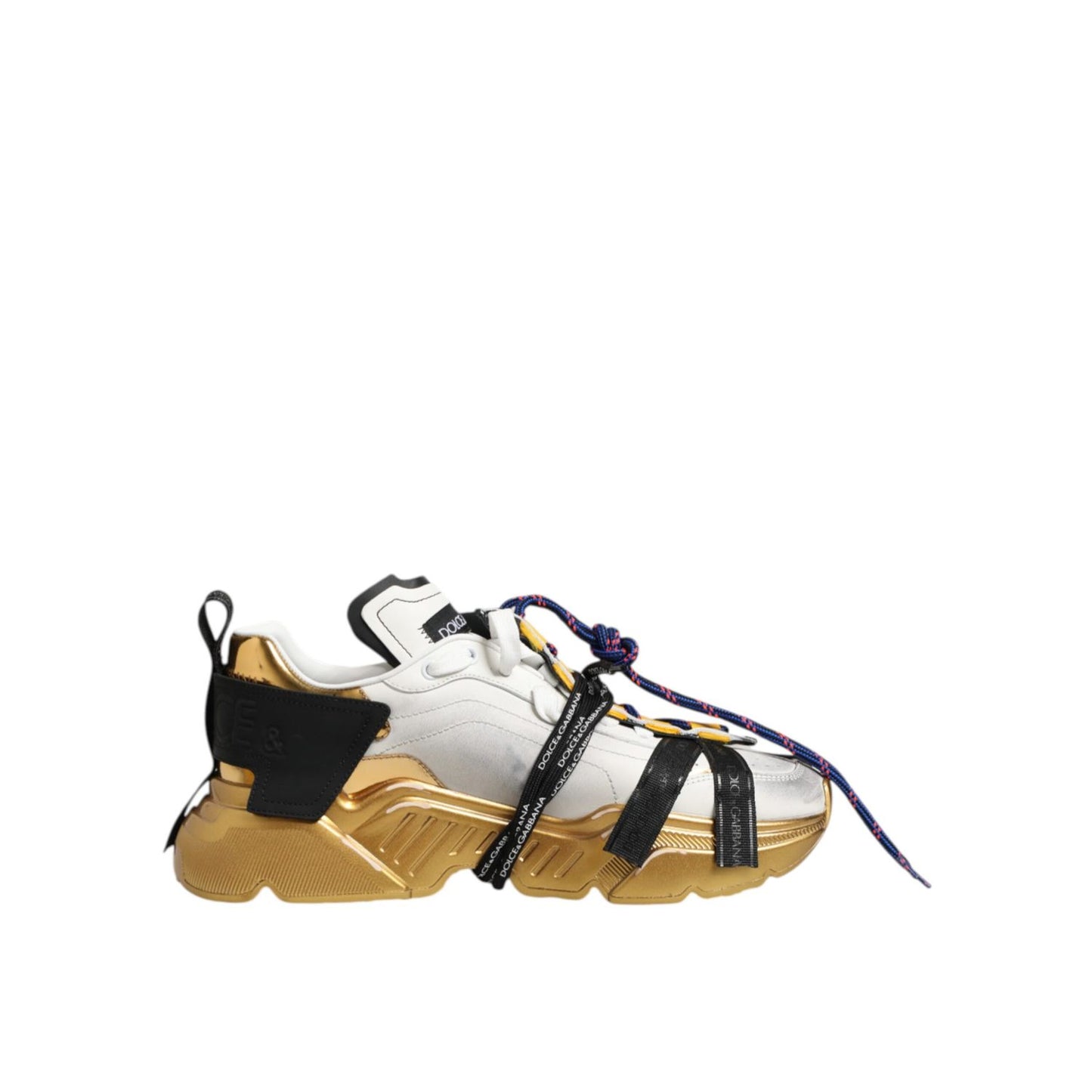 Dolce & Gabbana Multicolor Daymaster Low Top Sneakers Shoes with white leather and gold accents on a chunky sole.
