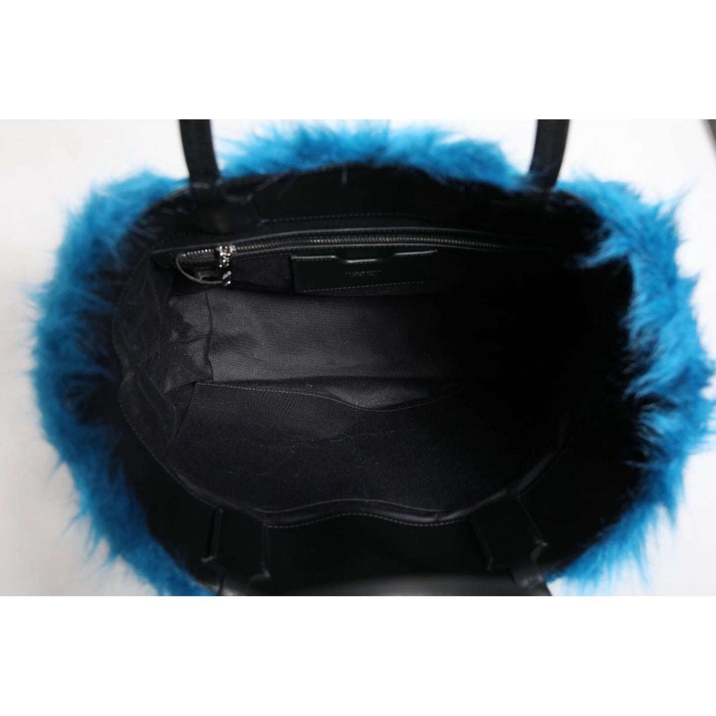 Dolce & Gabbana Blue Fur Logo Plaque Double Handle Shoulder Bag