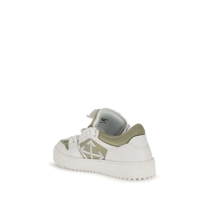 Off-White White Leather Low Top Sneakers with logo and rubber sole, featuring street style design.