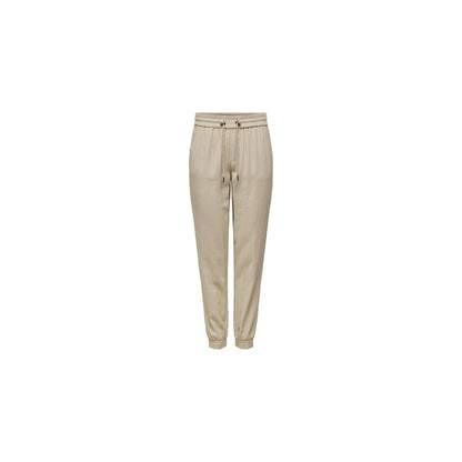 Only Beige Viscose Casual Pants with elastic cuffs and pull-up design, women's clothing made from 92% viscose and 8% polyester for style and comfort.