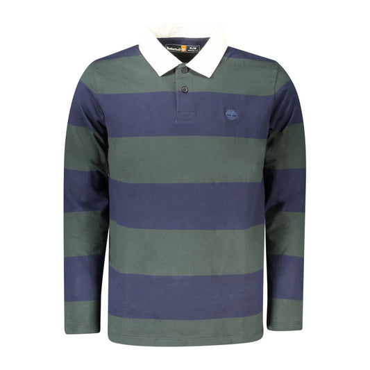 Alt Tag: Timberland Green Cotton Men Polo Shirt with long sleeves and striped pattern, featuring contrasting details and Timberland logo embroidery.