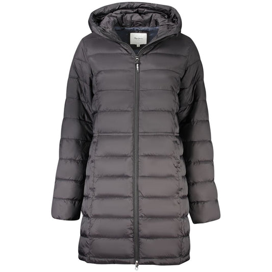 Pepe Jeans Black Polyamide Women's Jacket with hood and pockets, perfect for styling during brisk days with its sleek and durable design.