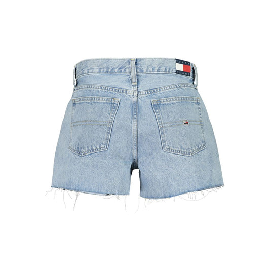Tommy Hilfiger Blue Cotton Short with fringed hem, 5 pockets, and logo, rear view showcasing button and zip closure.