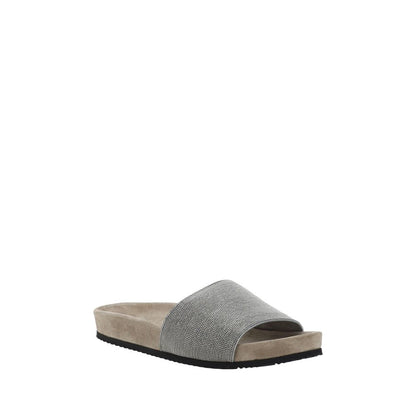 Brunello Cucinelli Brown Calf Leather Bos Taurus Sandals with iconic jeweled band and suede sole.
