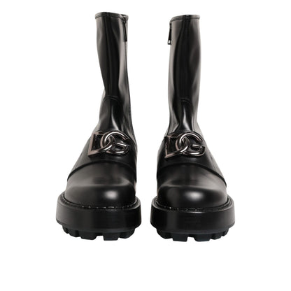 Dolce & Gabbana Black Logo Plaque Mid Calf Biker Boots Shoes