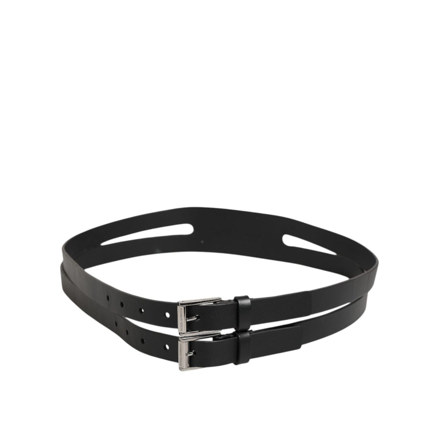 Dolce & Gabbana Black Double Strap Leather Silver Buckle Belt Dolce & Gabbana