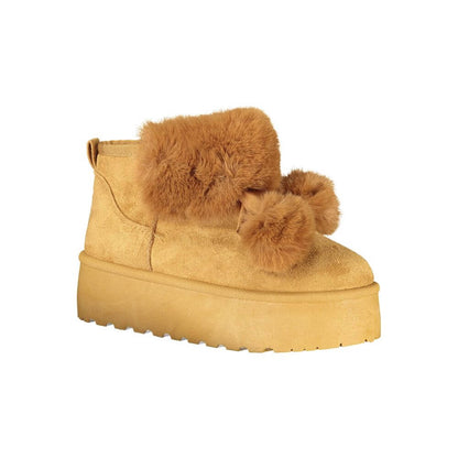 Laura Biagiotti Brown Polyester Women Boot with pom poms and fur collar, stylish and warm, featuring 4 cm wedge heel.