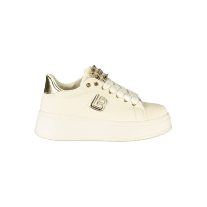Laura Biagiotti Beige Polyester Women Sneaker with rhinestones and 5 cm platform, stylish and luxurious for bold fashionistas.