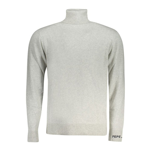 Pepe Jeans Gray Cotton Men Sweater with turtleneck, cozy material, and iconic embroidery, perfect blend of comfort and sophistication.