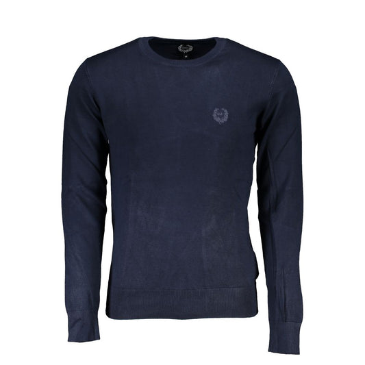Gianmarco Venturi Blue Viscose Sweater, long-sleeved crew neck with embroidery and logo detail, elegant and stylish design.