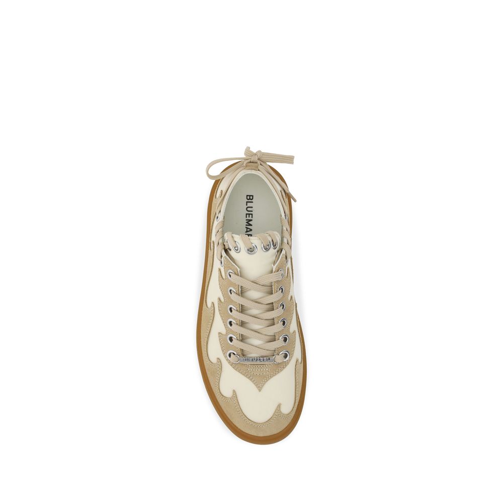 Top view of Bluemarble Brown Calf Leather Bos Taurus Low Top Sneakers with flame-shaped suede inserts and logoed insole.