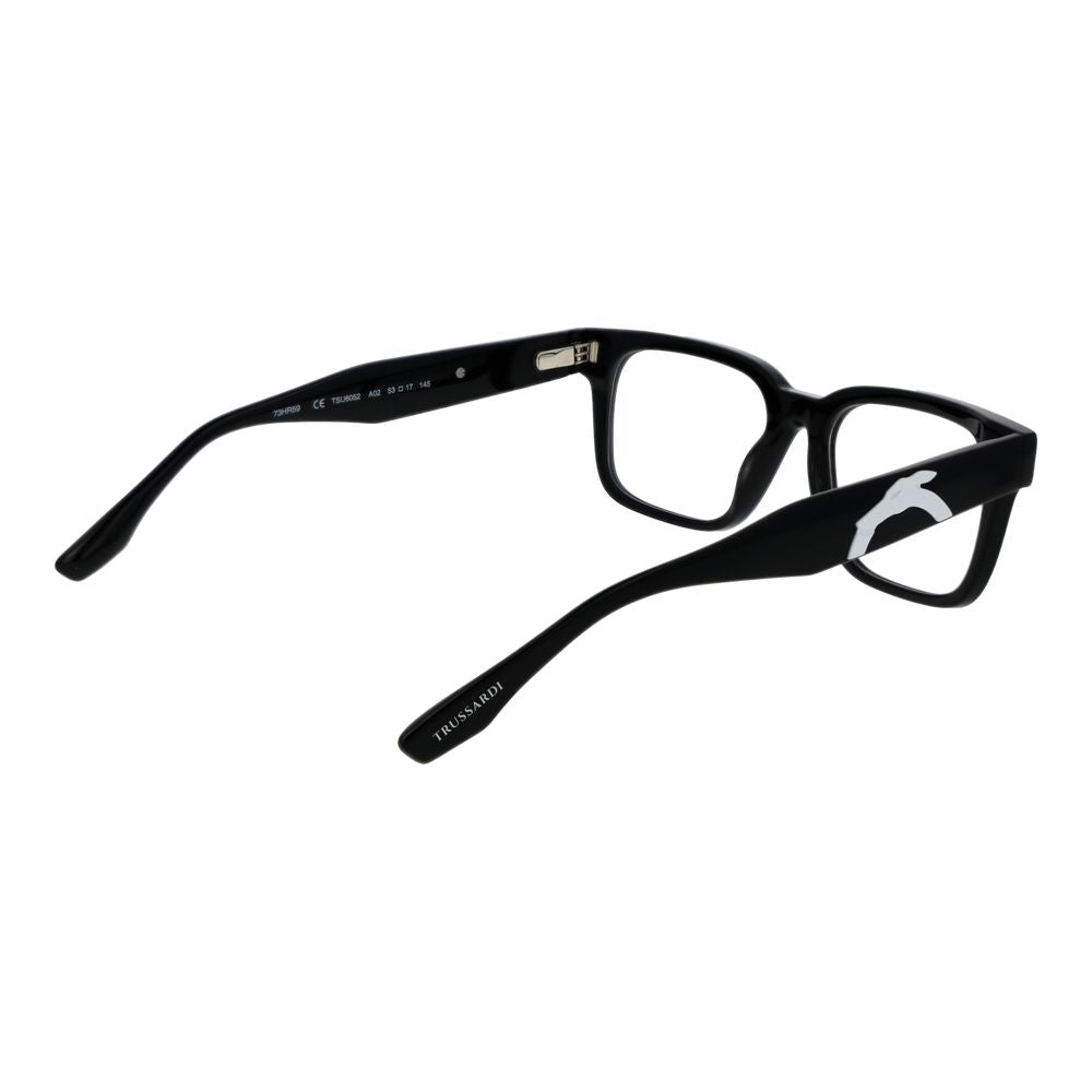 Trussardi Black Acetate Glasses (Frames), full-rim, unisex rectangle style, black frame, demo lenses, branded case included.