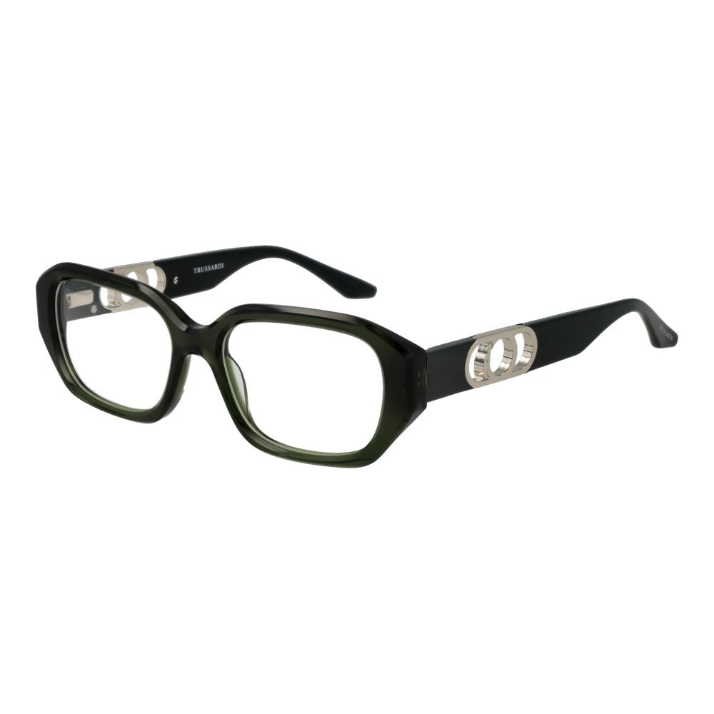 Trussardi Green Acetate Glasses (Frames) for women, full-rim, rectangle style with 52mm demo lenses, green acetate frame.
