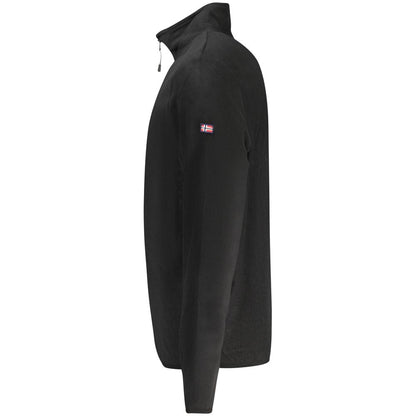 Norway 1963 Black Polyester Men Sweater with half-zip and applique logo, side view of sleek and trendy design.