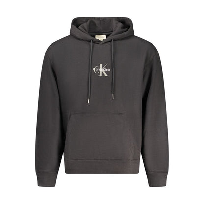 Calvin Klein Black Cotton Men Sweater Hoodie with logo, sleek design, central pocket, and cozy brushed interior.