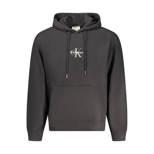 Calvin Klein Black Cotton Men Sweater Hoodie with logo, sleek design, central pocket, and cozy brushed interior.