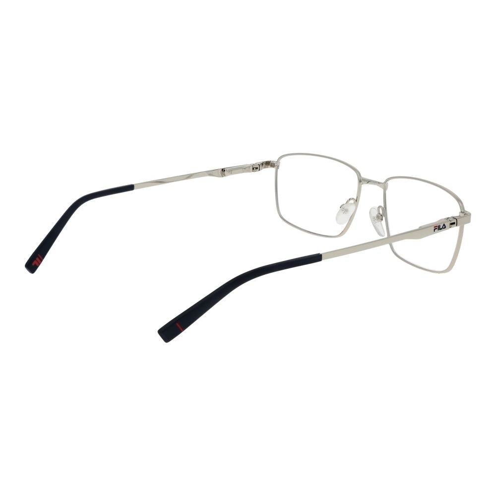 Fila Silver Stainless Steel Glasses (Frames) for men with full-rim rectangle design, silver frame and demo plastic lenses.