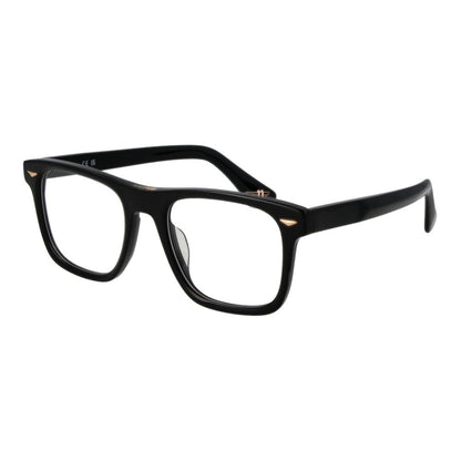 Police Black Cellulose Acetate Glasses (Frames) for men in full-rim black acetate, rectangle style, size 52-20-145 with demo lenses.