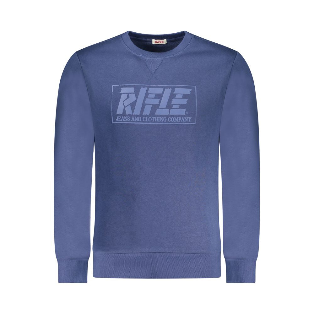 Rifle Blue Cotton Men Sweater with bold print and Rifle logo, long-sleeved crew neck for trendy style and comfort