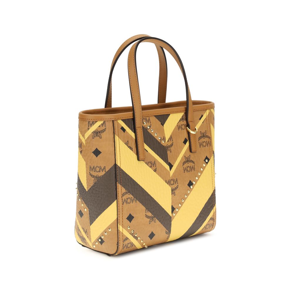 MCM Multicolor Fabric Shoulder Bag with Mega Herringbone pattern, leather handles, and adjustable strap, featuring Visetos canvas.