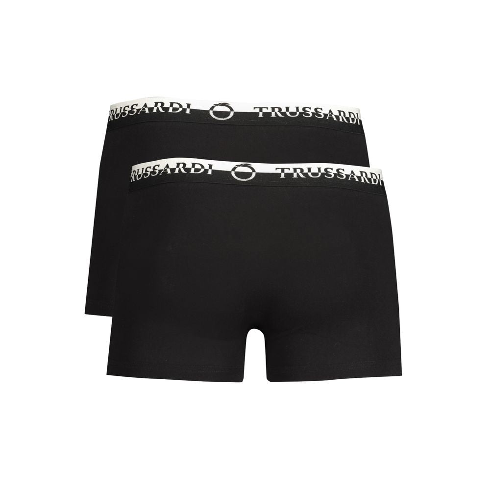 Trussardi Black Cotton Underwear with elastic waist and logo print, bi-pack boxer design, featuring double elastic waistband.