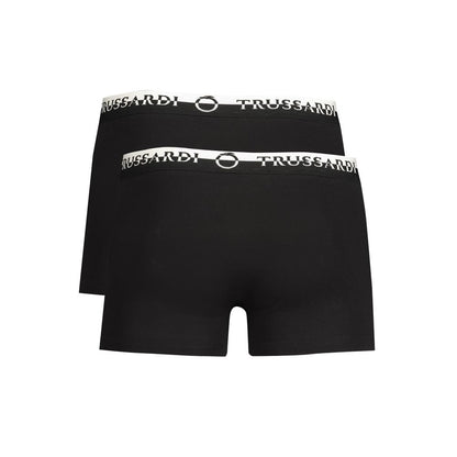 Trussardi Black Cotton Underwear with elastic waist and logo print, bi-pack boxer design, featuring double elastic waistband.