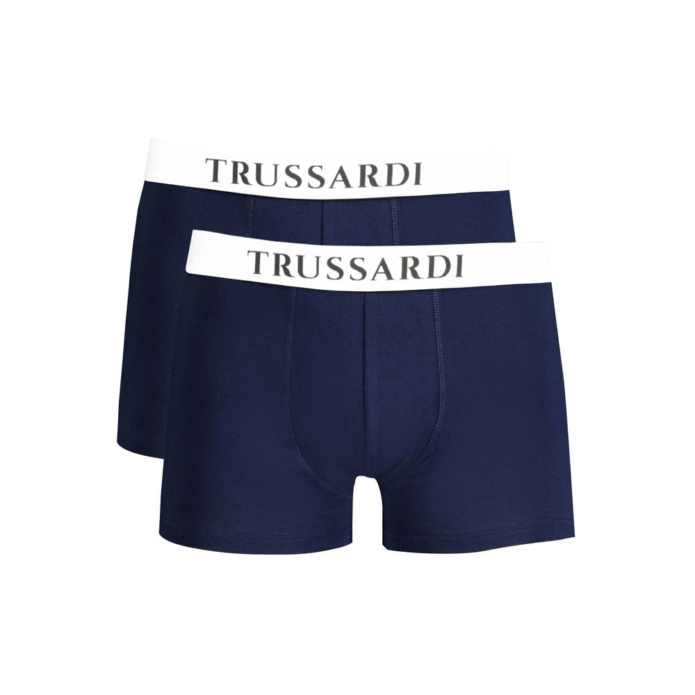 Trussardi Blue Cotton Underwear, bi-pack boxer with elastic waist and logo print, basic style.