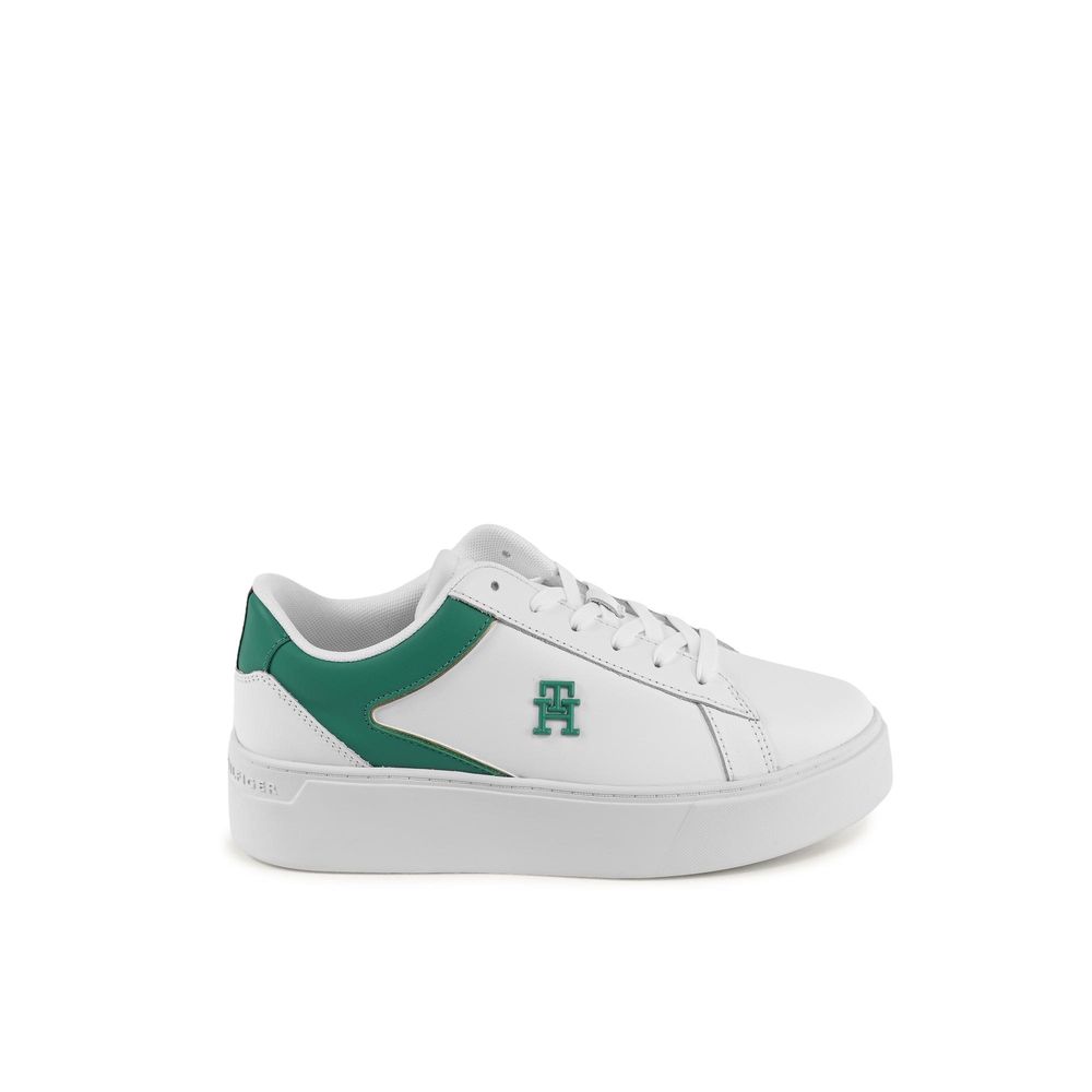 Tommy Hilfiger White Leather Low Top Sneakers for Women with green accents, made in Vietnam. Model: FW0FW079100K4, 100% leather.