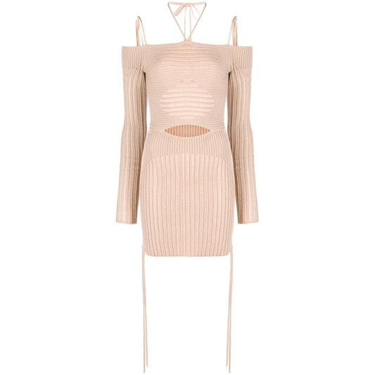 ANDREĀDAMO Andrea Adamo Dresses Beige ribbed-knit mini dress with cut-out detailing, halterneck, and long sleeves.